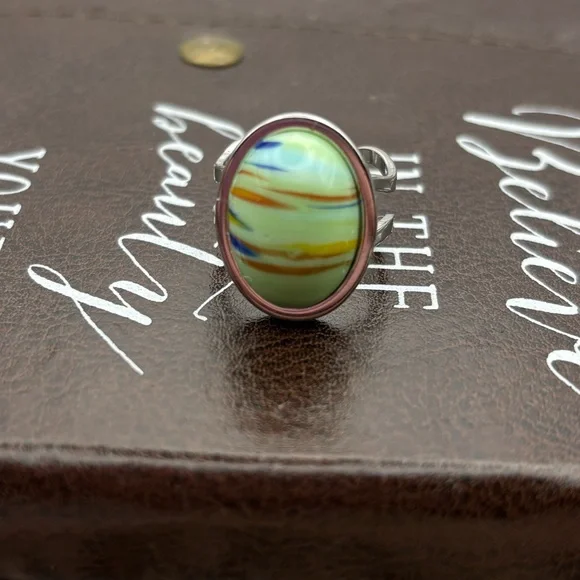Vintage 70s Mint Green Striped Ring Adjustable - Picture 6 of 8